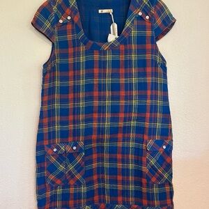 Tulle‎ Blue Multicolored Plaid Cotton Dress Pocket Details size Large NWT
